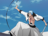 Grimmjow cuts open his finger to draw blood for a Gran Rey Cero.