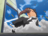 Gin's Shikai, Shinsō, pushes Ichigo and Jidanbō out.