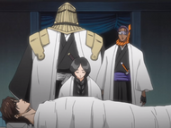 Retsu Unohana explains her examination of Aizen's body to Kaname Tōsen and Sajin Komamura