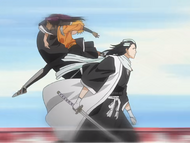 Yoruichi bypasses Byakuya while carrying Ichigo.
