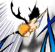 Ichigo rushes down the side of the tower after being healed.