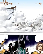 Aizen walks toward a dying Gin as his Reiatsu crushes Ichigo's friends.