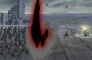 A Getsuga Tenshō from Ichigo cuts through the ground behind Hitsugaya.