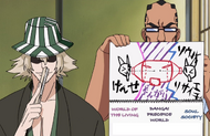 Tessai illustrates Kisuke Urahara's explanation of the new dimension appearing.