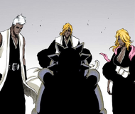 The zombified Kensei, Rose, and Rangiku Matsumoto arrive behind Mayuri Kurotsuchi.