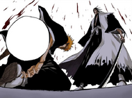 Ichigo collapses after Kenpachi pulls his blade out of his chest.