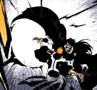 Ichigo grabs Yhwach's wrist to prevent him from attacking Mimihagi.