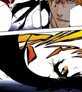 Ichigo infuses Getsuga Tenshō into the sword of Tensa Zangetsu.