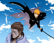 Aizen being attacked from behind by Ichigo.