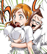 Chizuru greets Orihime while groping her breasts.