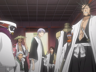 Mayuri and the other captains are alerted to the presence of intruders in the Seireitei.