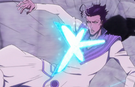 Askin is struck by his own Heilig Pfeil after Yoruichi throws it back at him.
