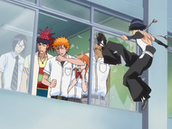 Renji and his friends are startled when Suì-Fēng shatters a window in front of them.