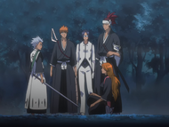 Ichigo and Uryū catch up with Hitsugaya, Rangiku, and Renji.