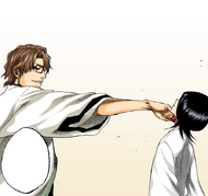 Aizen holds up Rukia and orders Gin to kill her.