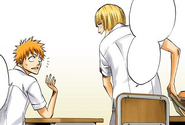 Shinji greets Ichigo while taking the seat next to him.