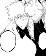 Ichigo supports an injured Isshin.