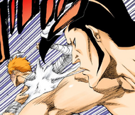 Kirinji strikes Ichigo Kurosaki to prove he is healed.