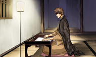 Aizen writes a letter to Hinamori in his room.