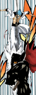 Grimmjow stomps Ichigo into the ground below.