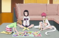 Hebi, Karin, and Yuzu play a board game.