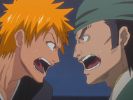 Ichigo and Ganju argue over whether or not they should fight Ikkaku Madarame and Yumichika Ayasegawa.