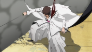 Aizen is injured by Ichigo.