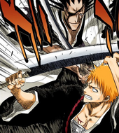 Ichigo blocks Kenpachi's attack from behind.