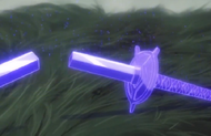 Muramasa's glowing sword snaps in two.