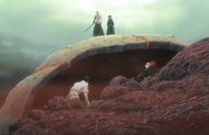 Uryū and Renji emerge from the rubble.