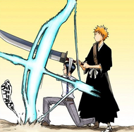 Ichigo stands with his Zanpakutō tied to Uryū's head to supply him with Reiryoku.