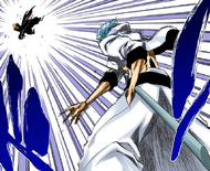 Grimmjow throws Ichigo into the air.