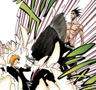 Kenpachi shatters the Sōten Kisshun around Ichigo in a single strike.