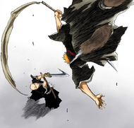 Ichigo uses Ikkaku's scabbard to launch himself high into the air.