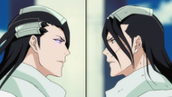 Byakuya Kuchiki & Reigai-Byakuya Kuchiki face each other as they battle.