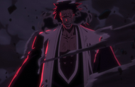 Kenpachi withstands Gremmy's military weapons barrage.