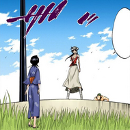 Kūkaku confronts Rukia after she approaches them.