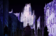 Rukia and the other Shinigami watch as a massive castle is erected in the distance.