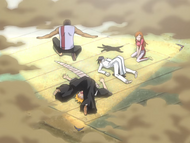 Orihime catches her friends with Santen Kesshun.