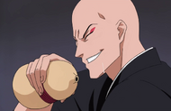 Ikkaku Madarame drinks sake between rounds with Tetsuzaemon Iba.