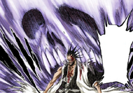 Kenpachi exerts his Reiatsu in a skull-shaped aura.