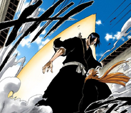 Orihime protects Uryū from the exploding Shinigami.