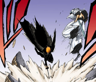 Grimmjow evades Ichigo's downward stab.