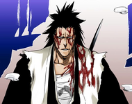 Kenpachi is stabbed in the shoulder with a knife by Unohana.