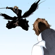 Ichigo confronts Aizen with his Hollow mask donned.