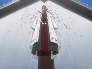 Aizen impaled on a wall, supposedly dead.