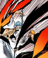 Ichigo attacks Grimmjow with incredible force.