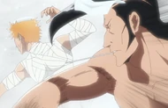Kirinji punches Ichigo in the face to test how extensively he has been healed.