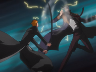 Kariya protects himself from Ichigo with a Wind Barrier.