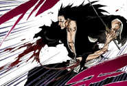 Kenpachi rips his arm off to protect the rest of his body.